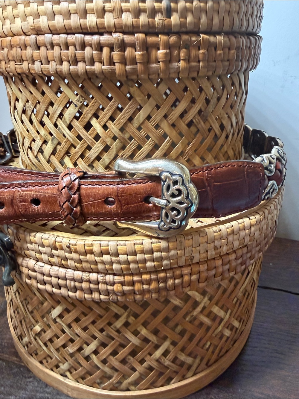 Brighton Brown Braided Leather Belt Ornate Silver Tone Buckle Size M